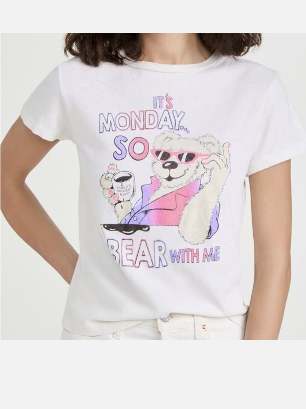 Re/Done White Graphic Tee with Pink & Purple Bear Design